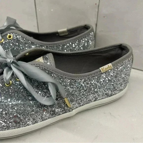 Keds x Kate Spade Champions Silver Glitter Sneaker with Ribbon Shoelaces 6.5 - Picture 4 of 10